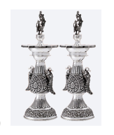 Twin Peacocks Diya Depam stand  in Antique Silver