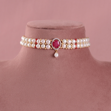 Double Line Buttton Yellowish Pearl Choker Sets with Pink Stone