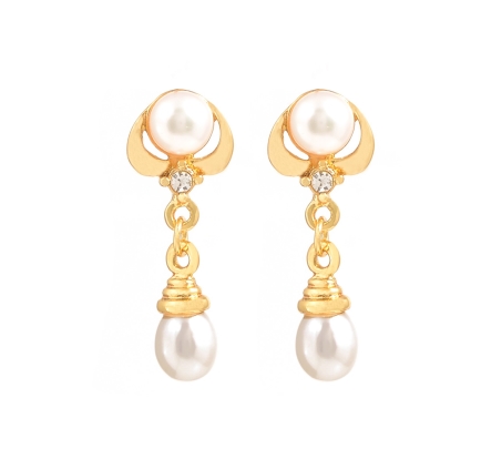 Button and Drop Pearl Earrings in yellow gold Polish