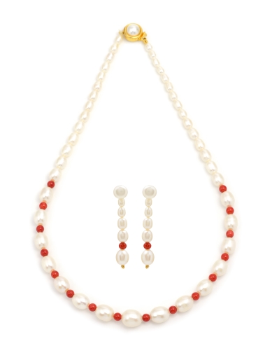 Pearls, Corals Necklace and Hanging Earrings