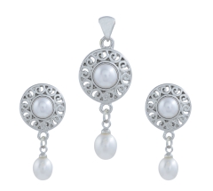 Fresh Water Button Ovel Pearl Pendants Set with Alloy metal JPTP0822