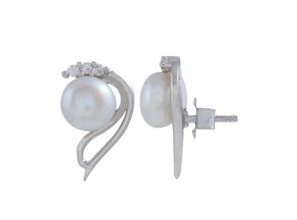 Fresh Water Button White Color Pearl Earrings in Silver