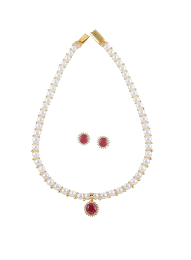 Red white Czs pendant with Pearls Necklace set polished in yellow gold