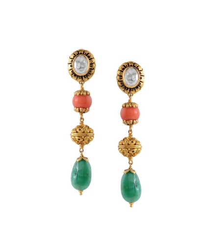Gold Coral Emerald Earrings