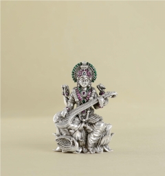 Maa Saraswati Idol in Silver with Stones
