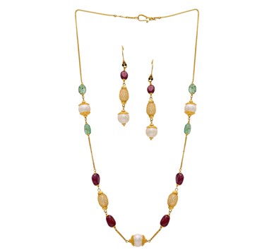 Ruby, Emerald & Pearl Drop Chain Set