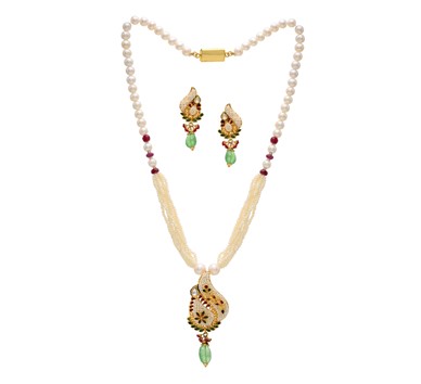 Pearl, Ruby & Emerald Double Leaf Pendant Set