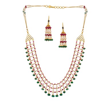 Pearl, Ruby & Emeralds Layered Necklace With Jhumkas