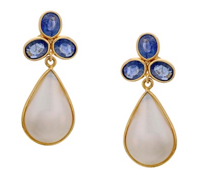 Blue Sapphire & Mother Of Pearl Drop Hanging Earrings