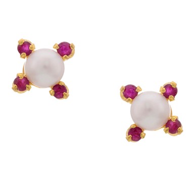 Ruby & Pearl  Earrings in Flower Pattern