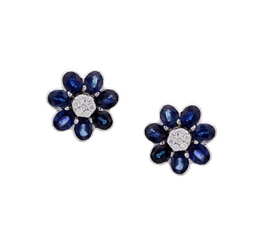 Blue Sapphire & Diamond Flower Shaped Studs