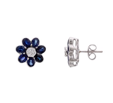 Blue Sapphire & Diamond Flower Shaped Studs