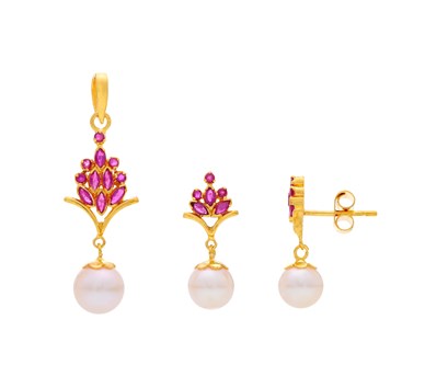 Pearl & Ruby Dew Drop Earrings & Pendant Set