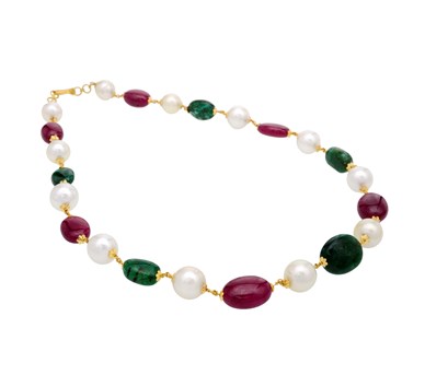 Ruby, Emerald & Pearl Beaded Necklace