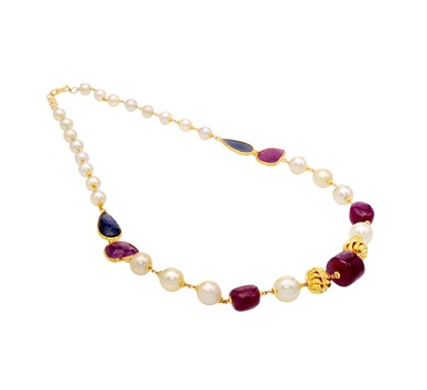 Ruby, Sapphire & Pearl Beaded Necklace