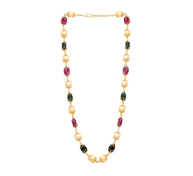 Ruby, Emerald & Pearl Studded Floral Bead Necklace
