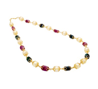 Ruby, Emerald & Pearl Studded Floral Bead Necklace