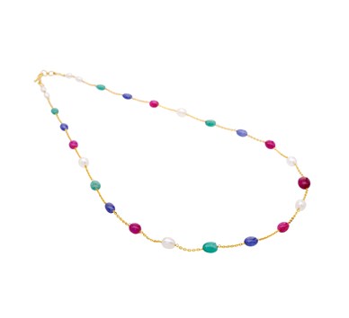 Multi-Colour Ruby, Emerald & Sapphire Pebble Necklace