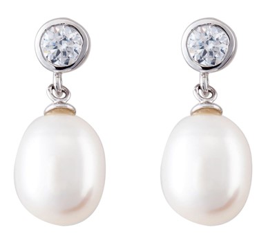 Drop Pearl Silver CZ Stud Earrings