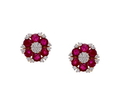 Ruby & Diamond Flower Shaped Studs Earrings