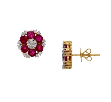 Ruby & Diamond Flower Shaped Studs Earrings