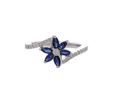 Blue Sapphire & Diamonds Floral Finger Ring