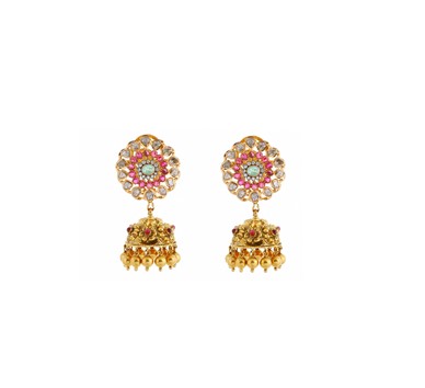 Enticing 22 carat precious rubies, diamond and polki studded gold jhumkas with hanging gold bells