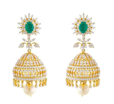 Gold with diamond and emerald studded jhumkas