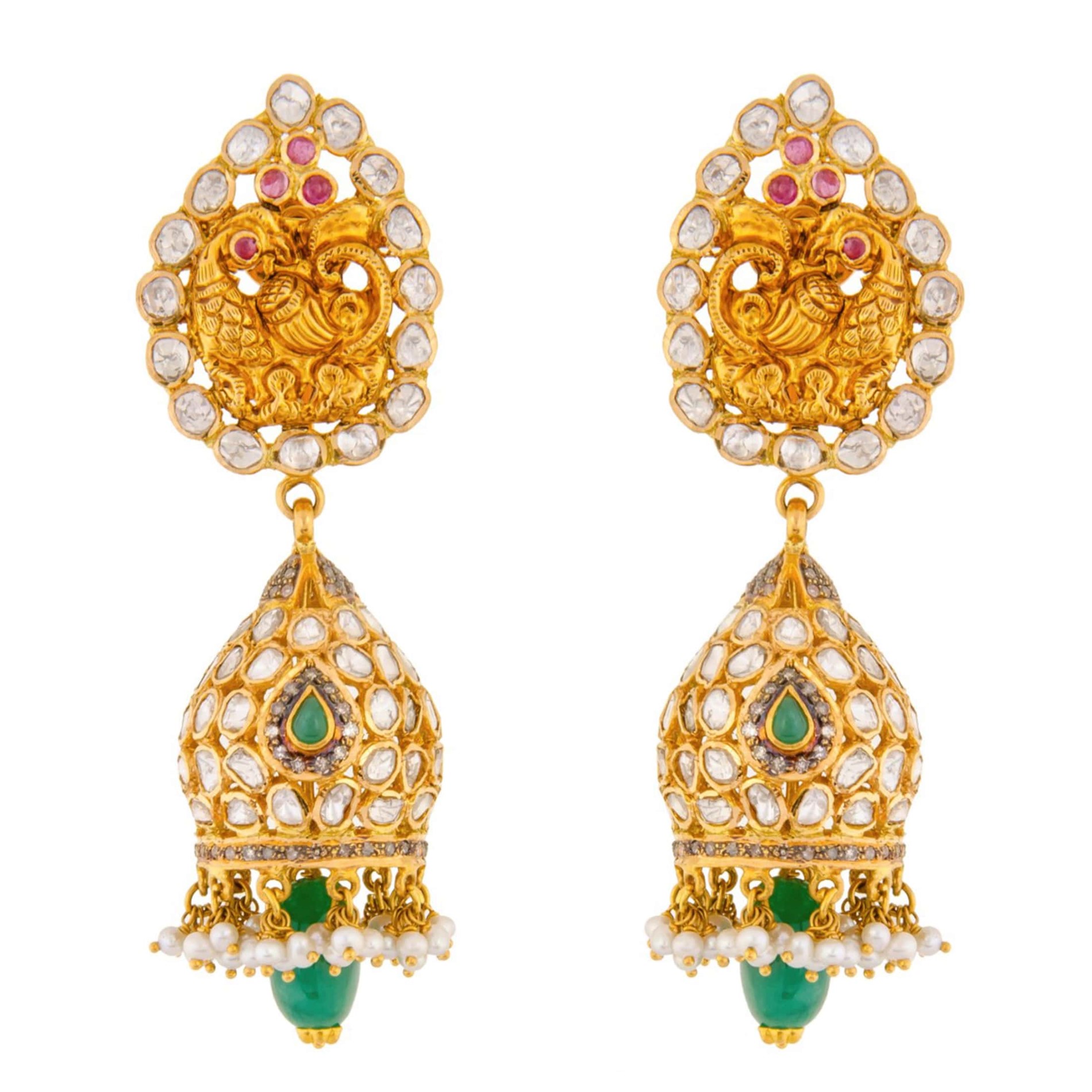 Buy peacock designer gold with diamond jhumkas online| Krishna Pearls