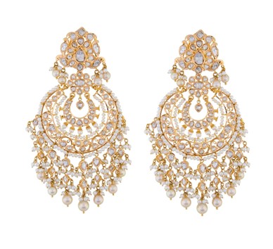Buy gold with diamond & pearl chandbali earrings online|Krishna Pearls