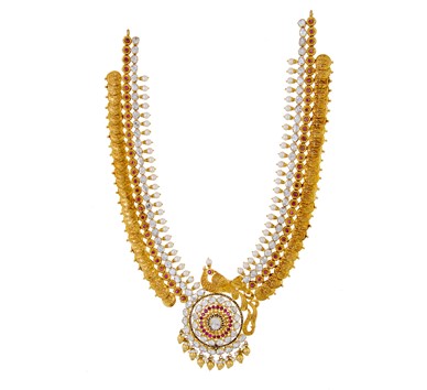 Polki diamond and Gold pacchi necklace haram with peacock pendant