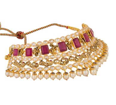 Magnificent Gold necklace choker with polki diamonds, rubies and pearls