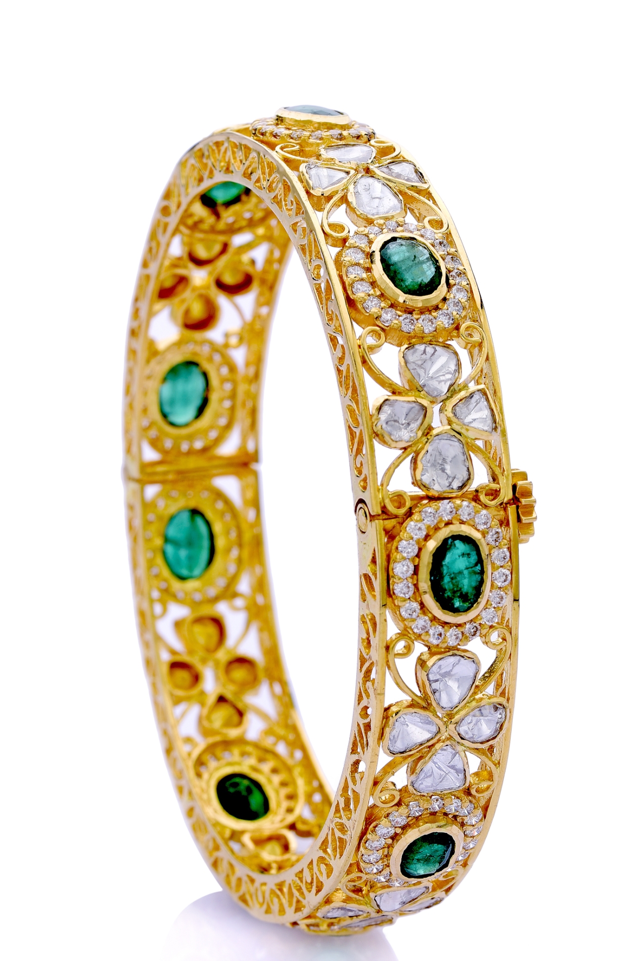 Buy 22ct Emerald and polki diamond studded gold kada online krishnapearls