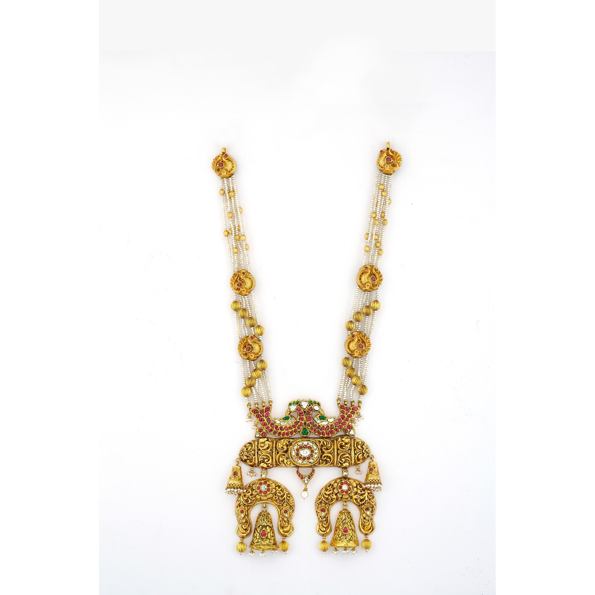 22K Antique Gold, CZ, Ruby, Pearl & Emerald Peacock Jewelry Set (158.5 –  Virani Jewelers