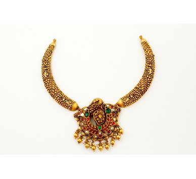 22 carat gold antique kanti necklace with peacock pendant