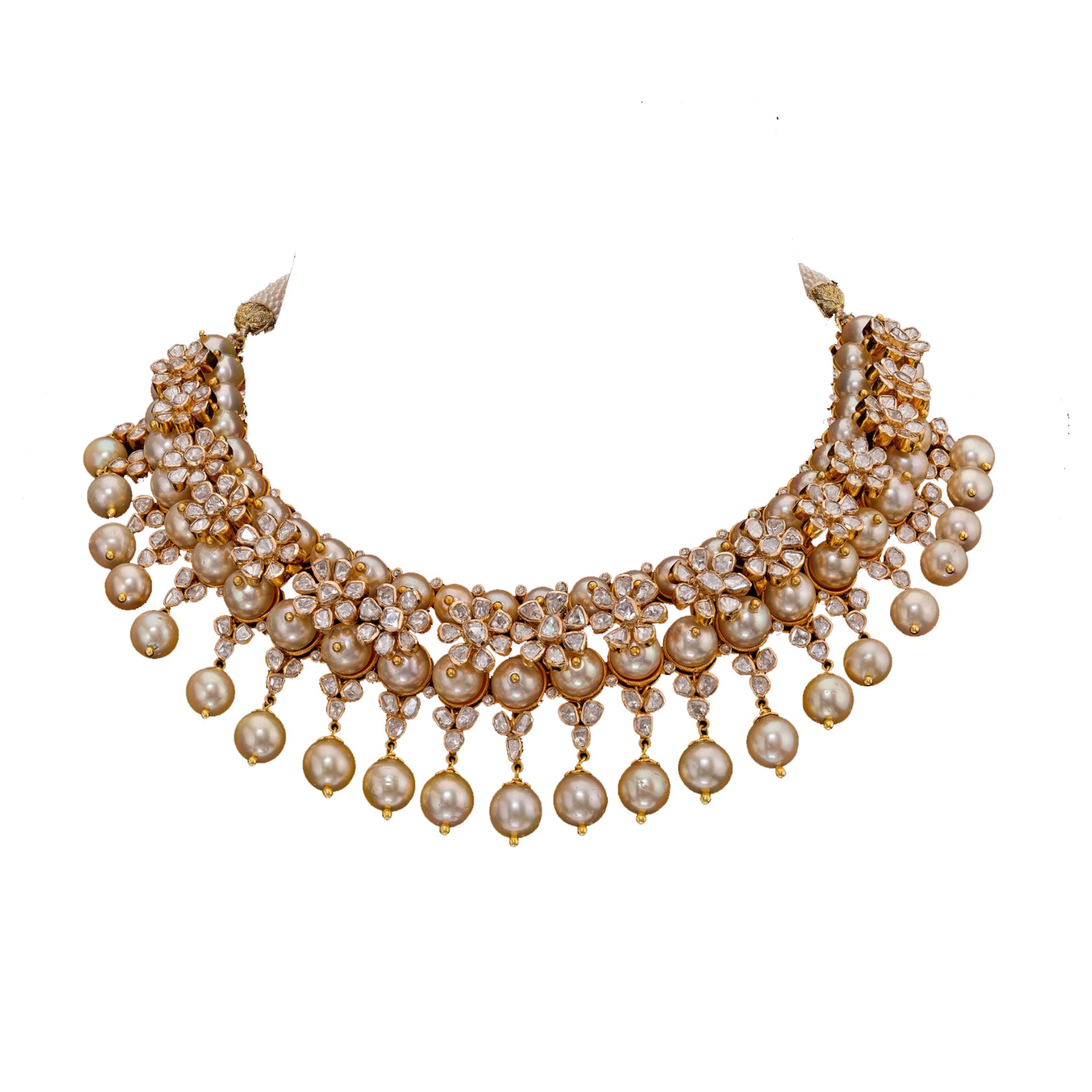 Gold necklace with flower shaped polki diamonds with pearl drops - Buy ...