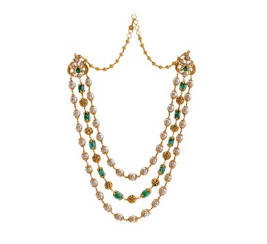 Buy Three line emeralds beads mala with south sea pearls online