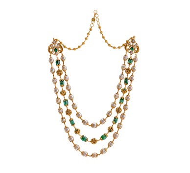 Three line emeralds beads mala with south sea pearls