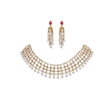 Ruby & pearl Mesh Necklace set