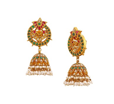 Gold Peacock Design jhumkas with Pearl Drops