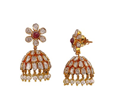 Gold with diamond and polki jhumkas