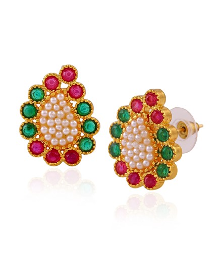 Red and Green CZ stones,Pearl Earstuds tinted in yellow gold