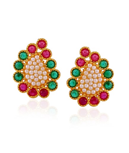Red and Green CZ stones,Pearl Earstuds tinted in yellow gold