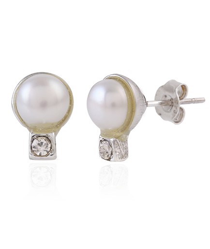 White Pearls, White CZ stones Earstuds in Silver