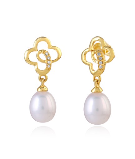 Yellow Tinted White CZ Stones,Pearl Drop Earrings