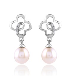 White CZ stones,Drop Pearls Earrings in Silver