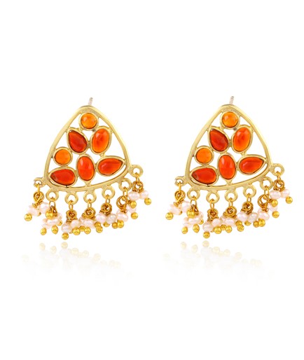 Red CZ Stones,Pearl Earrings Tinted in Yellow Gold