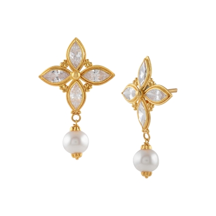 Floral Patterns Themed Gold Pearl Earrings