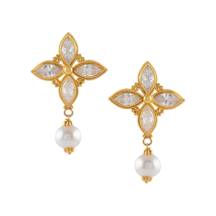 Floral Patterns Themed Gold Pearl Earrings